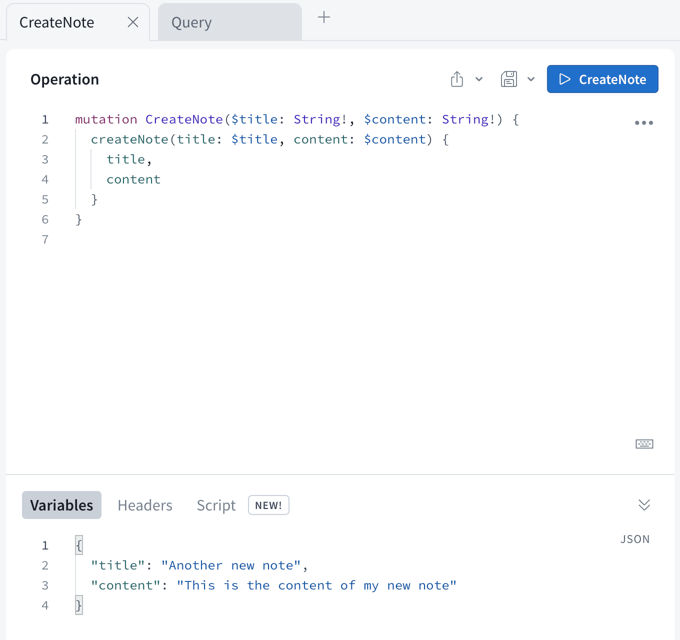 createNote Apollo Playground screenshot